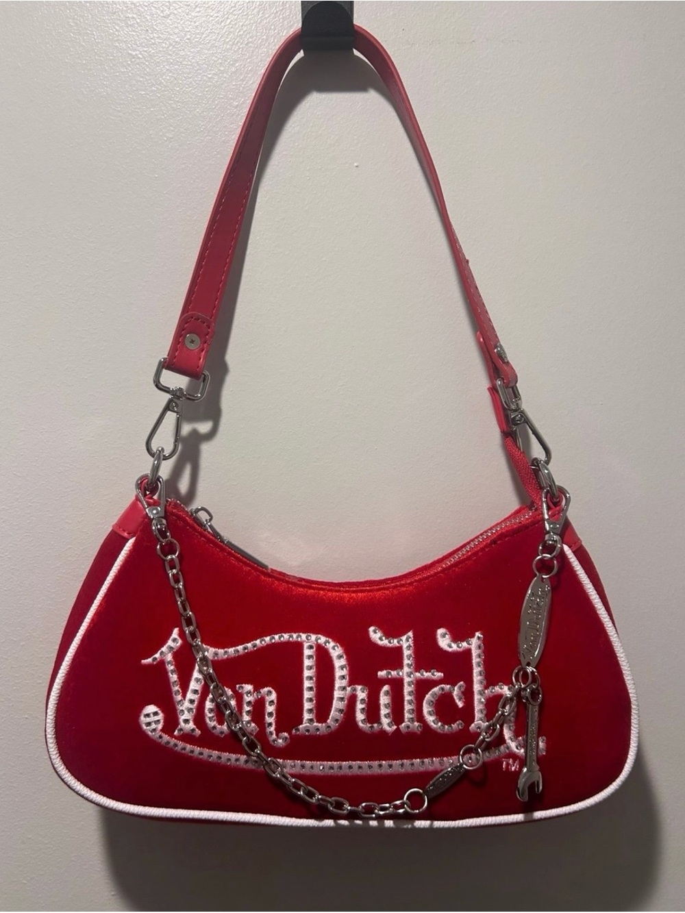 Von Dutch Red Shoulder Bag with White Trim and Silver Accents